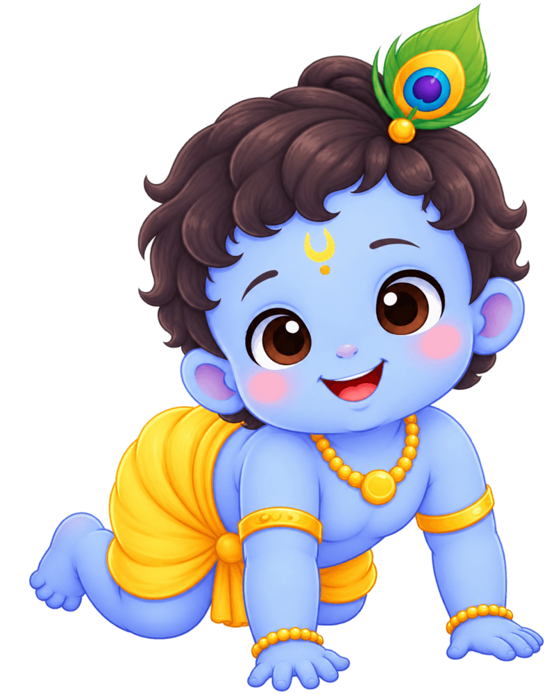 Baby Krishna dressed for his birthday, with a peacock feather in his hair and a golden necklace.