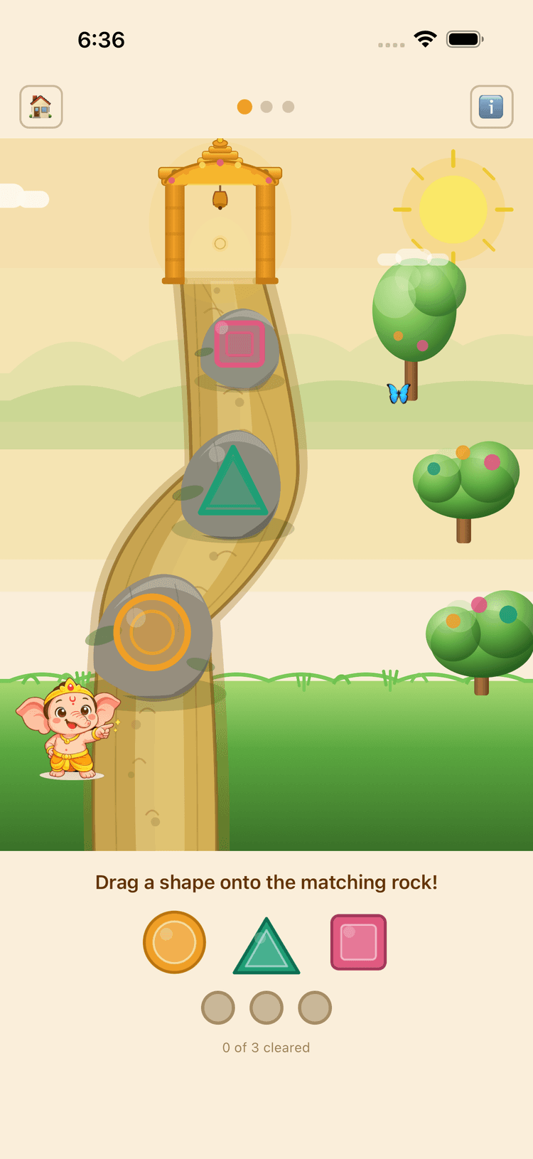 A screen from the Maitri Kids app showing Ganesha clearing rocks from a path.
