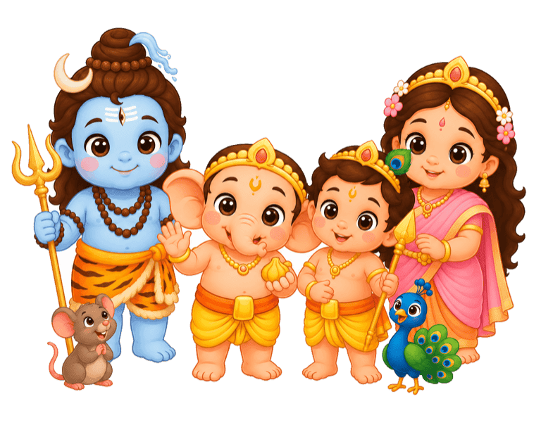 Ganesha with his family: Parvati, Shiva, and Kartikeya.