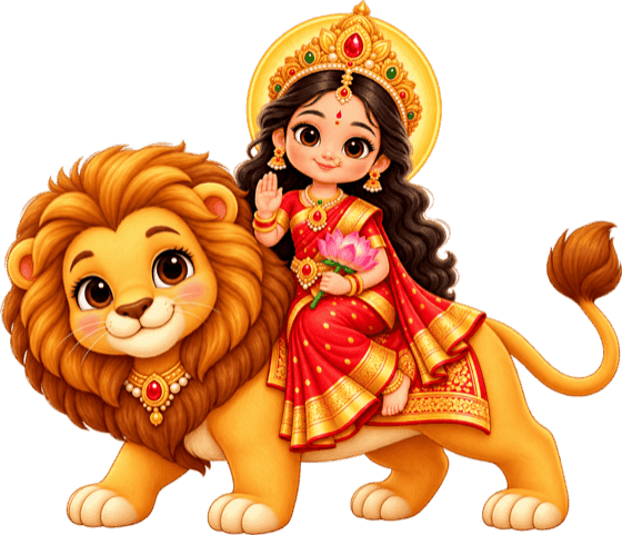 Durga Maa in a red sari, riding happily on her friendly golden lion.