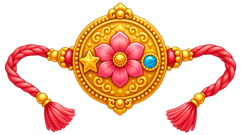 A bright decorated rakhi with a pink flower, a golden star, a blue gem, and red tassels.