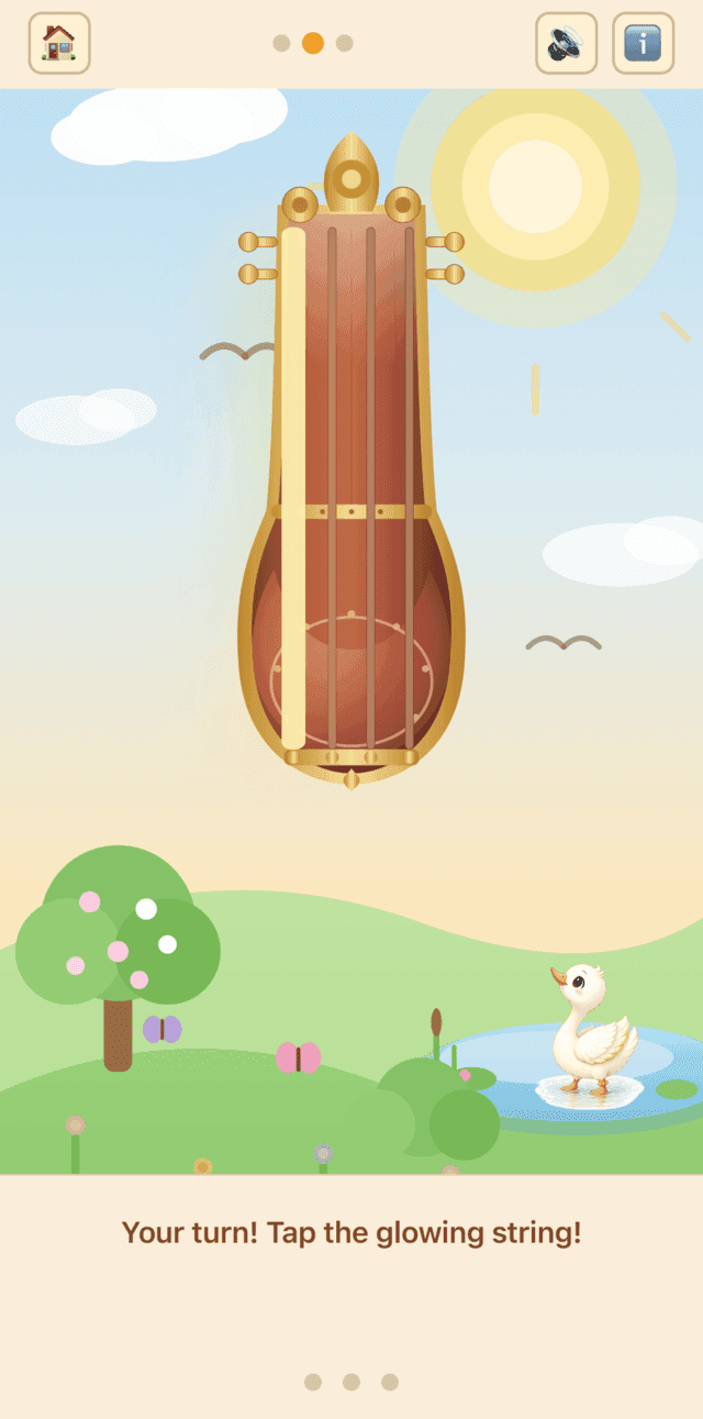 Game two: the awake veena with one string glowing, ready for a little hand to follow the light.