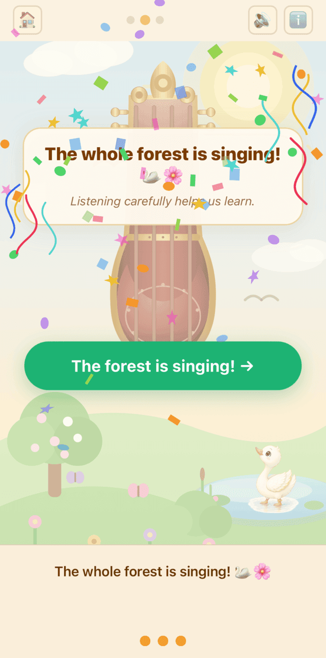 The celebration: confetti falls as the whole forest sings, with the lesson that listening carefully helps us learn.