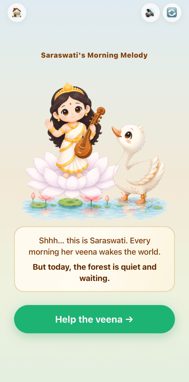 The story opening: Saraswati stands on a lotus with her veena while Hamsa the swan listens.
