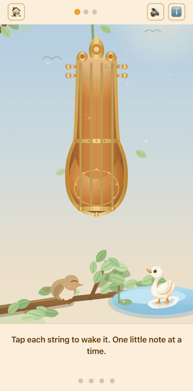 Game one: a sleepy veena hangs from a branch, waiting for each string to be tapped awake.