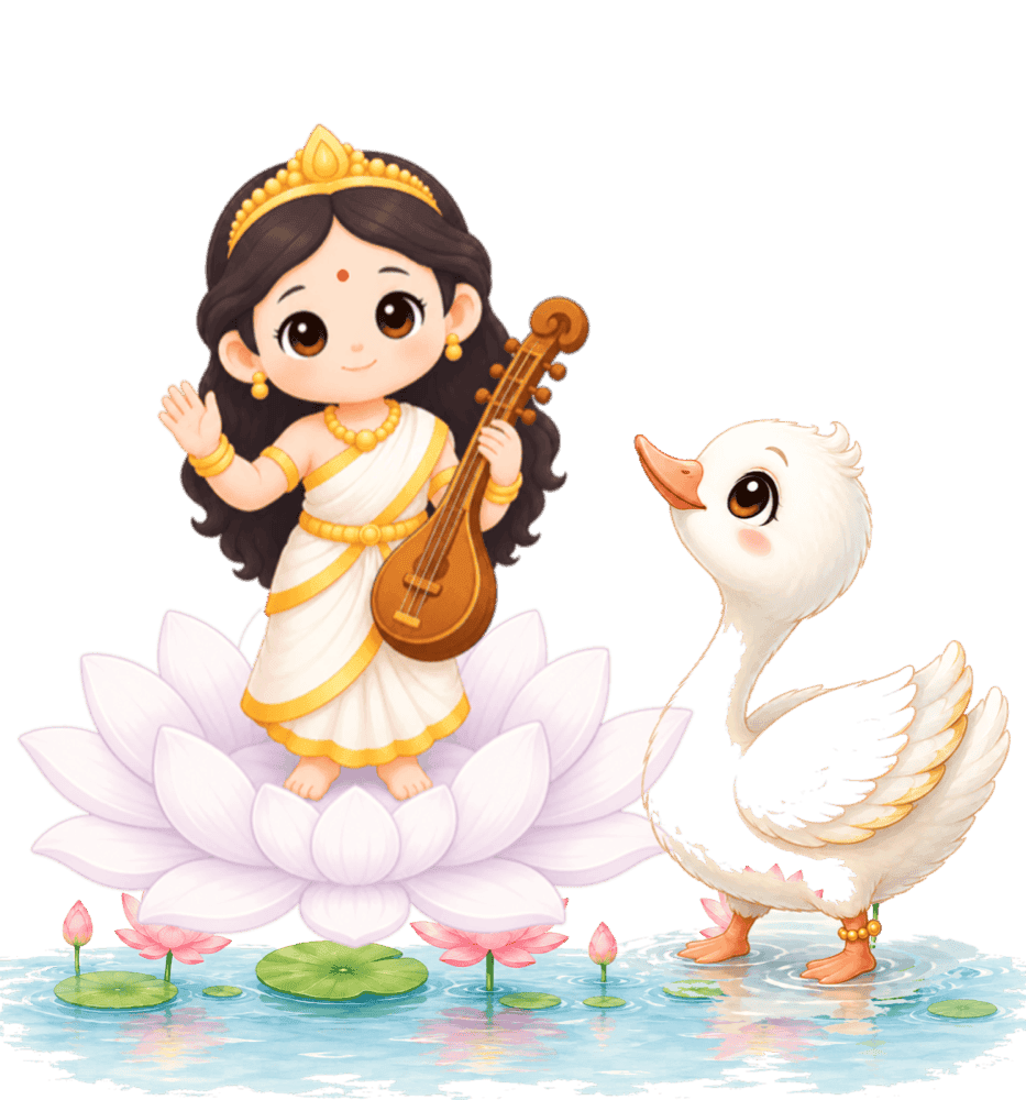 Baby Saraswati standing on a lotus, playing her veena beside Hamsa the swan.